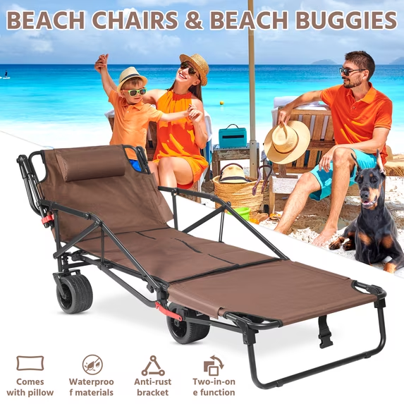🏖️ 2-in-1 Folding Beach Wagon & Lounge Chair - Relax, Carry & Enjoy Every Outdoor Adventure